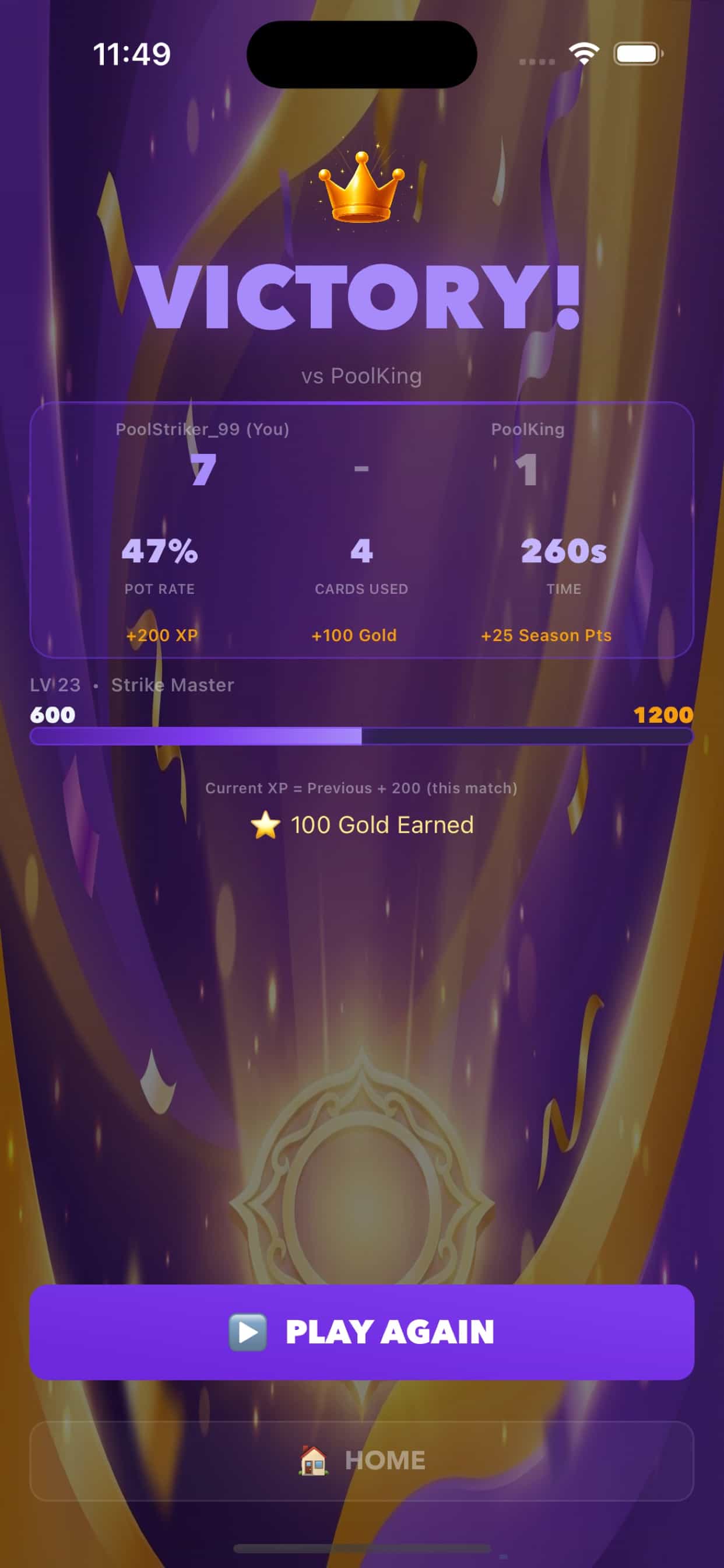 Royal Shot 8 main menu and neon billiards UI on a phone