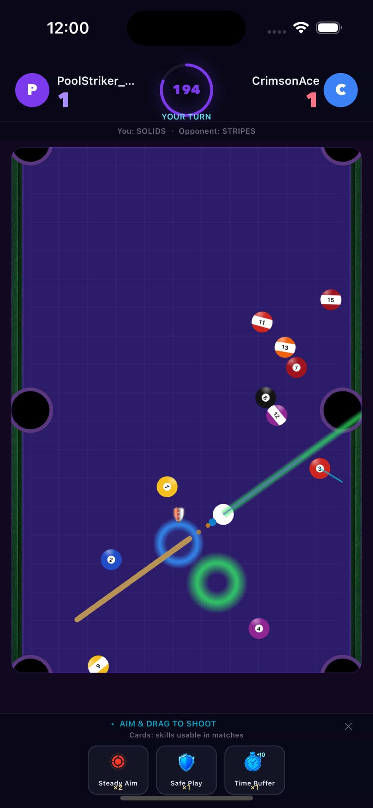 Royal Shot 8 skill card deck and in-match card UI